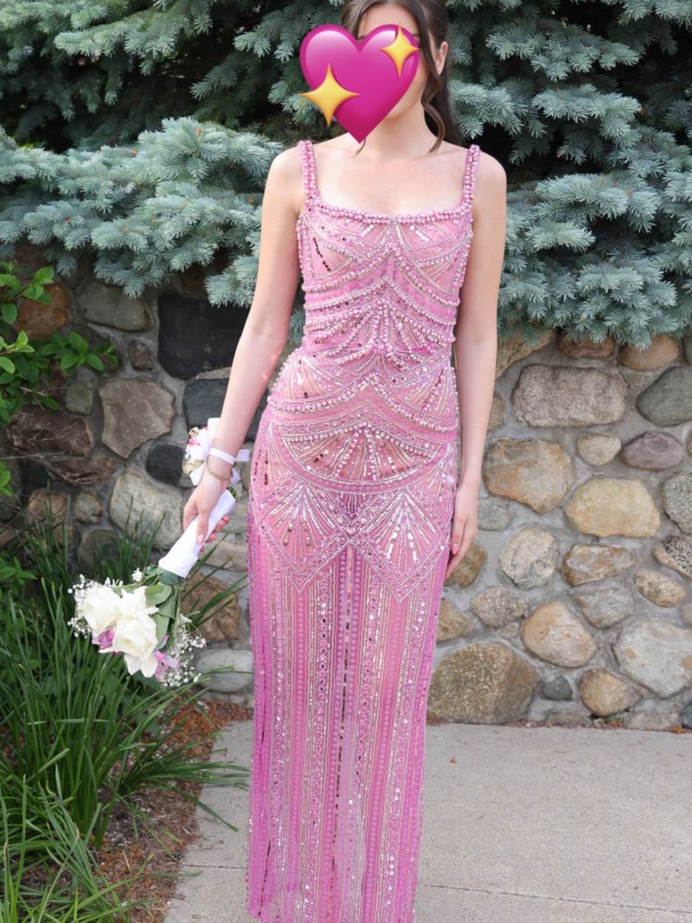 Beaded Pink Sequin Prom Gown with Straps by Albina Dyla